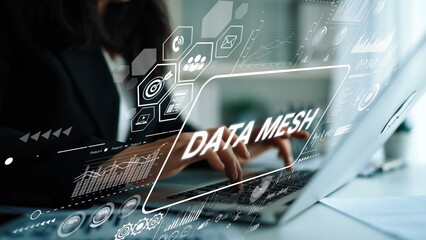 Business Professional Engaging with Modern Technology and Data Mesh Concept in Office Environment. Asymptotic smart data analytic.