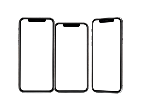 Three modern, dark-screened smartphones stand upright in a row on a transparent, black background