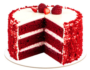 Red velvet cake on a stand, with a slice removed. Strawberries and raspberries adorn the top with white icing layers