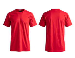 Two red t-shirts, front and back views, showcase simple apparel, isolated on black with clear detail