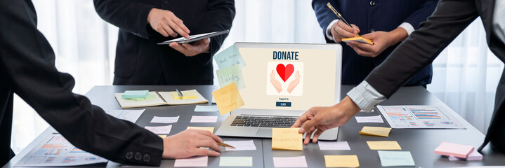 Analyst team use sticky note for creative and analytic brainstorm for business idea with BI data dashboard on laptop screen. Analysis financial data visualization tech for marketing strategy. Prodigy