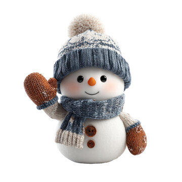 Cute snowman wearing a knitted hat and scarf waving hello isolated on transparent background