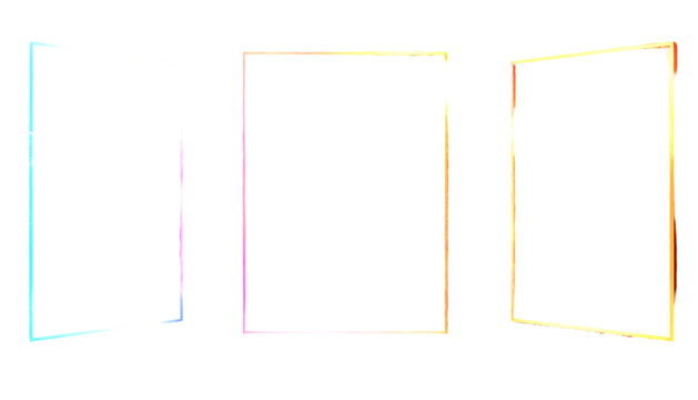 Three neon outline rectangles in a row, set at different angles against a solid black background