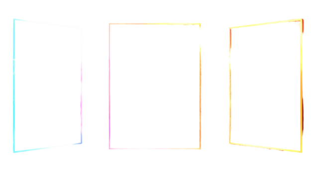 Three neon outline rectangles in a row, set at different angles against a solid black background