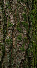 Obraz premium Detailed macro photograph capturing the rough texture of old tree bark covered in green moss and lichen, highlighting organic forest growth ,green ,detailed ,growth
