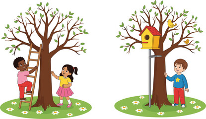 Fototapeta premium Children playing near trees, climbing ladder, birdhouse interaction, outdoor activity, nature exploration, spring scene, educational illustration, isolated on white