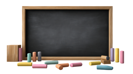 Empty blackboard with colorful chalk sticks isolated on transparent background