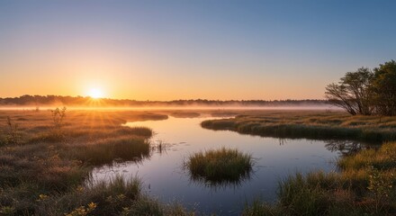 Obraz premium Serene landscape of a vast wetlands lake ecosystem at sunrise, featuring calm water surface reflections and abundant natural vegetation ,swamp ,nobody ,reeds