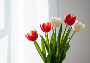 Striking contrast of vibrant red and delicate white tulips displayed against a bright, pristine white backdrop, perfect for design ,elegant ,minimalist ,stems