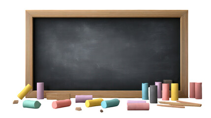 Chalk and blackboard with wooden frame isolated on transparent background