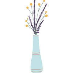Light Blue Ceramic Vase Holding Tall Stems of Purple Flowers and Yellow Round Flowers Against White Background