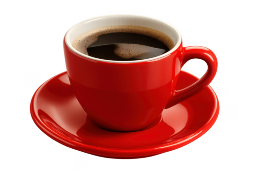 Red ceramic coffee cup on saucer with espresso drink