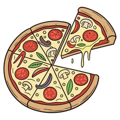 Delicious Pizza Illustration with Toppings and Slice Isolated on White Background Perfect for Restaurant Menu Design and Food Blog Graphics