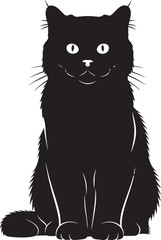 Majestic black cat silhouette sitting alertly with piercing eyes and fluffy tail detailed rendering for graphic design