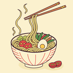 Delicious Ramen Noodle Bowl with Vegetables and Egg Illustration Perfect for Asian Cuisine Promotion and Restaurant Menu Design