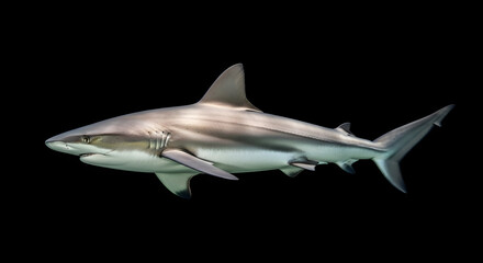 A shark swims in dark water, its sleek body and sharp fins visible against the black background.
