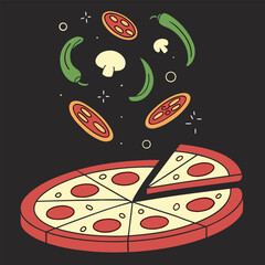 Delicious Pepperoni Pizza Illustration with Floating Toppings and Sliced Piece for Food Lovers