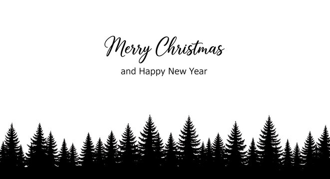 Minimalist Christmas and New Year holiday greeting design with elegant evergreen tree silhouettes and festive seasonal wishes on white background