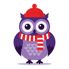 Cute Cartoon Purple Owl Wearing Winter Hat and Scarf Isolated