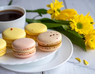 Assorted macarons on a plate with coffee and vibrant yellow flowers