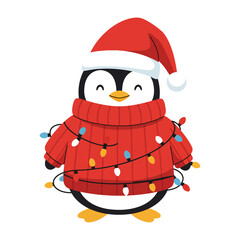 Cute Christmas Penguin in Sweater Wearing Santa Hat and Lights