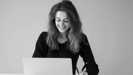 A young woman sits at a desk using her laptop, engrossed in her work with a soft smile playing on her lips.