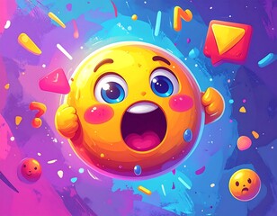 Animated yellow sphere with cartoonish features. Background abstract, colorful