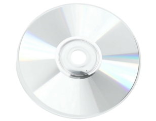 Reflective disc shimmers, showing iridescence from surface. Center hole is visible against a black background