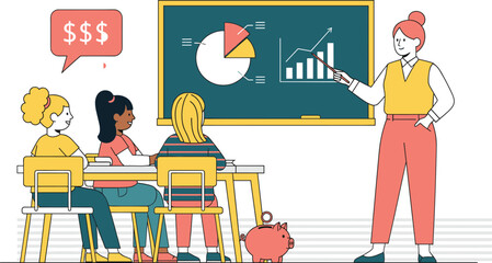 Financial literacy classroom, teacher explaining money concepts, students learning economics, chalkboard graphs, piggy bank, educational illustration, isolated on white background