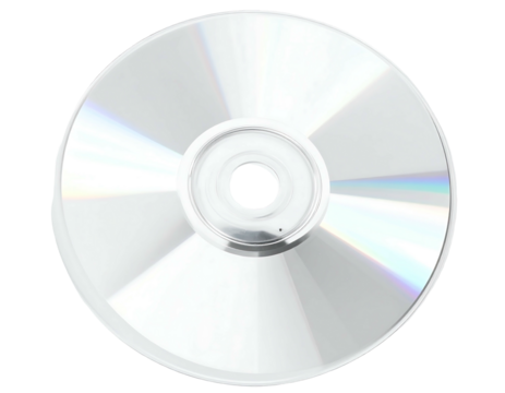 Reflective disc shimmers, showing iridescence from surface. Center hole is visible against a black background