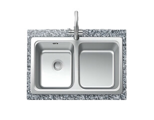 Overhead view of a stainless steel kitchen sink with two basins set in a gray speckled countertop, against black