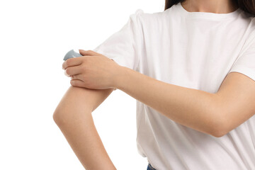 Woman using roll-on for skin care on her arm, isolated on white, PNG