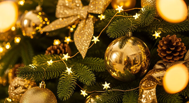 Festive golden Christmas tree decorations with sparkling lights and pinecones, creating a warm and celebratory holiday atmosphere