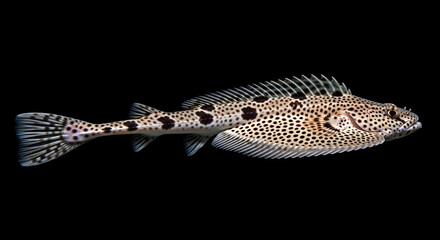A detailed side-profile view of a fish with spotted patterns and fins against black background.