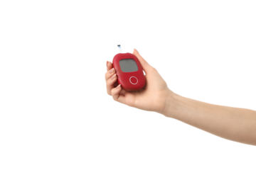 Use of red blood glucose monitor shown, isolated on white, PNG