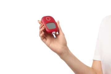 Hand holds red glucose meter, isolated on white, PNG