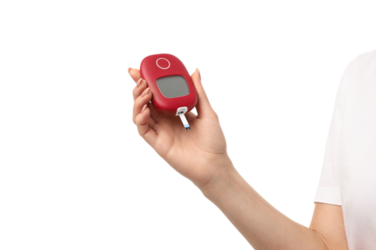 Hand holds red glucose meter, isolated on white, PNG