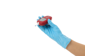 Blue-gloved person measures blood glucose, isolated on white, PNG