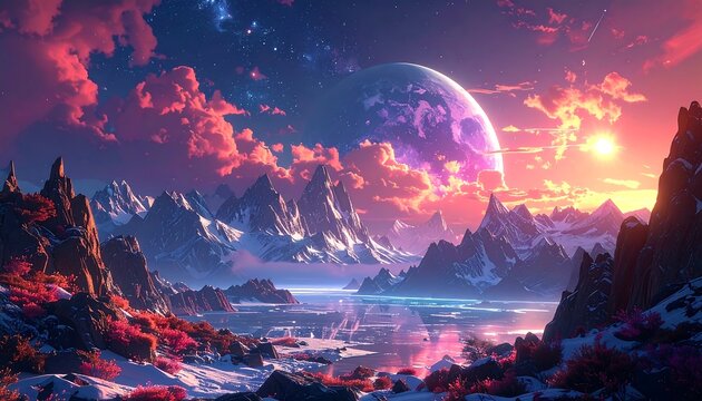 A vibrant fantasy landscape with snowy mountains, a planet, and glowing clouds