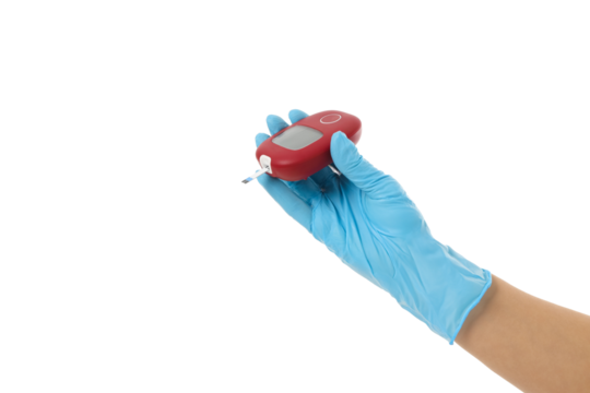 Blue-gloved person measures blood glucose, isolated on white, PNG