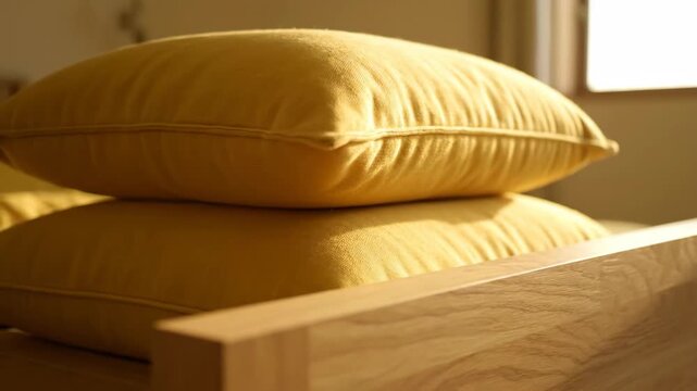 Stacked Yellow Pillows on Bed - A close-up shot shows two bright yellow square pillows stacked neatly on a wooden bed frame.