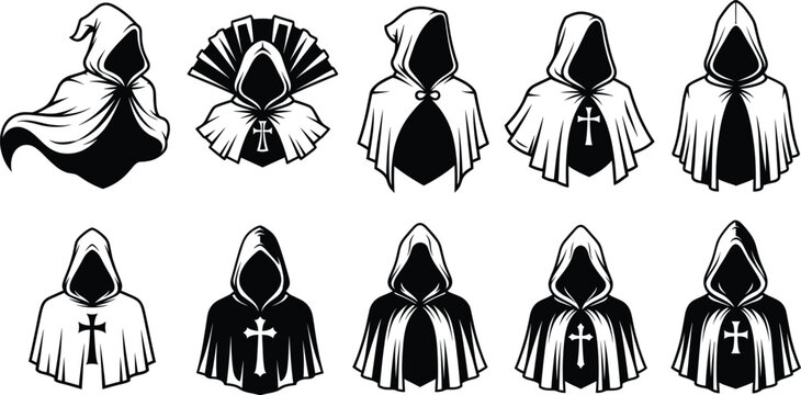 Hooded cloak silhouettes, character design, robe illustration, black and white, cross symbol, concept art, fantasy costume, vector, shading, folds, garment style, mysterious figure, graphic referen