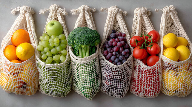Assorted Fresh Produce in Eco-Friendly Mesh Bags, Sustainable Shopping with Zero Waste Food Storage, Colorful Fruits and Vegetables Organized in Cotton Net Bags