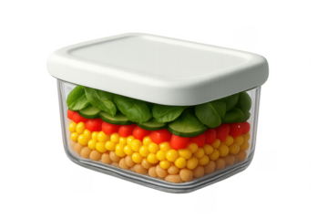 Layered salad container with fresh ingredients, meal prep concept