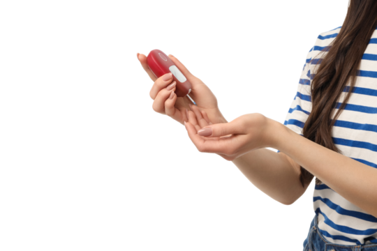 Woman uses handheld skincare device, isolated on white, PNG - Powered by Adobe