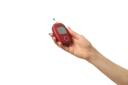 Hand holding a glucose meter, isolated on white, PNG