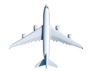 Overhead view of an isolated passenger aircraft on a black background with an upward orientation and symmetrical wings