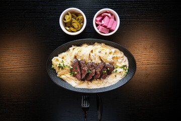 Gourmet Steak Fettuccine with Cream Sauce and Pickled Sides