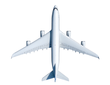 Overhead view of an isolated passenger aircraft on a black background with an upward orientation and symmetrical wings