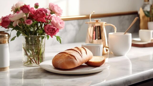 A plate of fresh bread on a marble countertop with vibrant pink roses adding a pop of color.